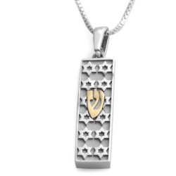 14K Gold Star of David Mezuzah Case Pendant Necklace With Hebrew Lette