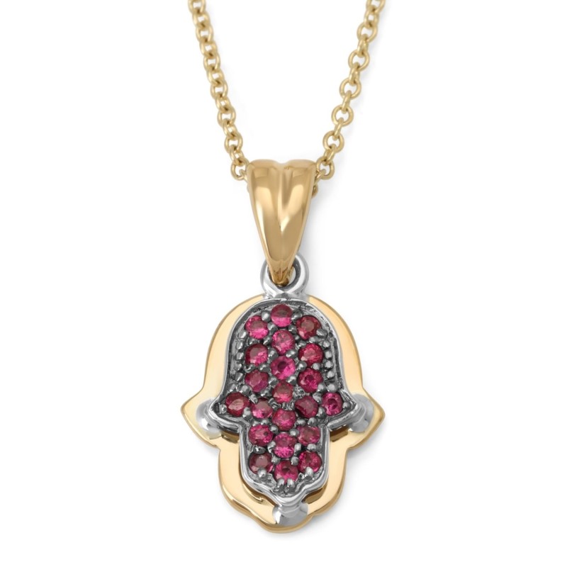 14K Gold Women's Two-Tone Hamsa Pendant with Rubies