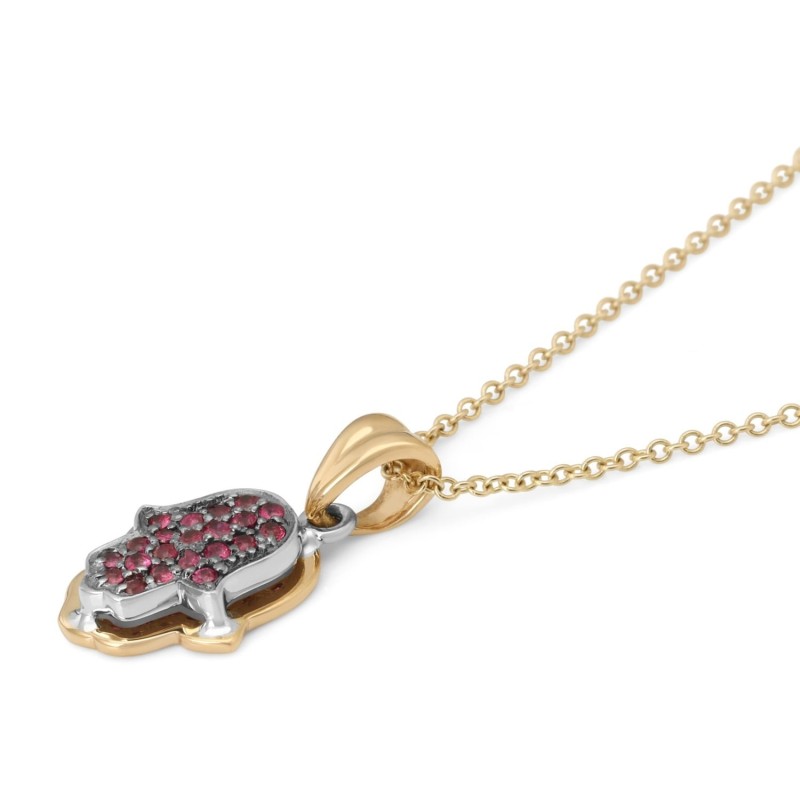 Pendentif Hamsa bicolore pour femme en or 14 carats avec rubis