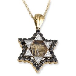 14K Gold Jerusalem Star of David Pendant With 36 Black & White Diamond