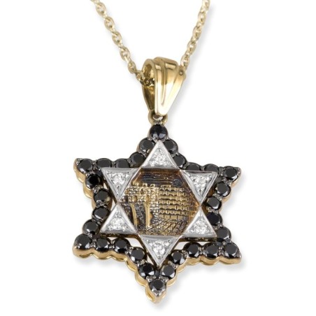 Pendentif étoile de David de Jérusalem en or 14 carats avec 36 diamants noirs et blancs