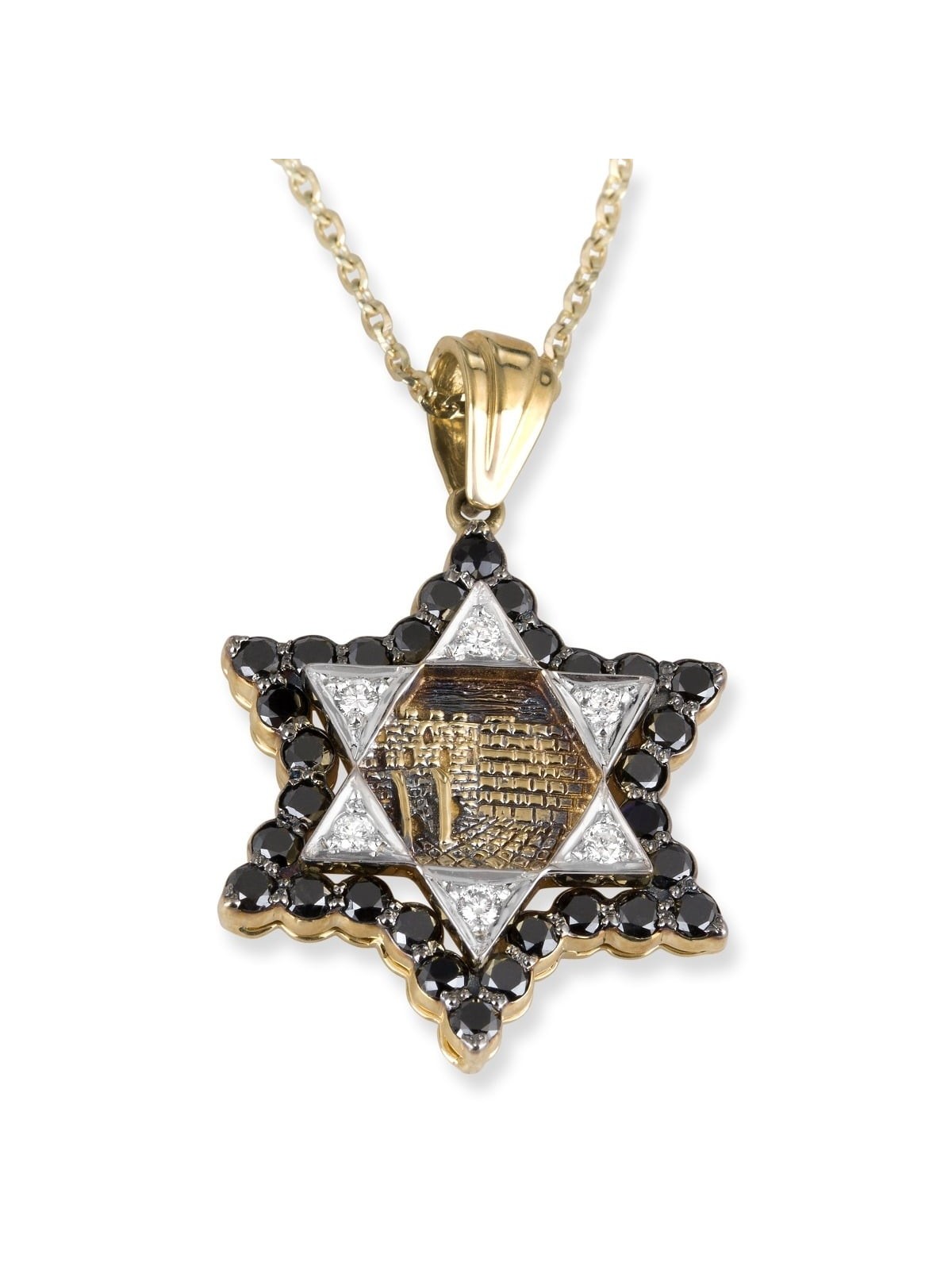 14K Gold Jerusalem Star of David Pendant With 36 Black & White Diamond