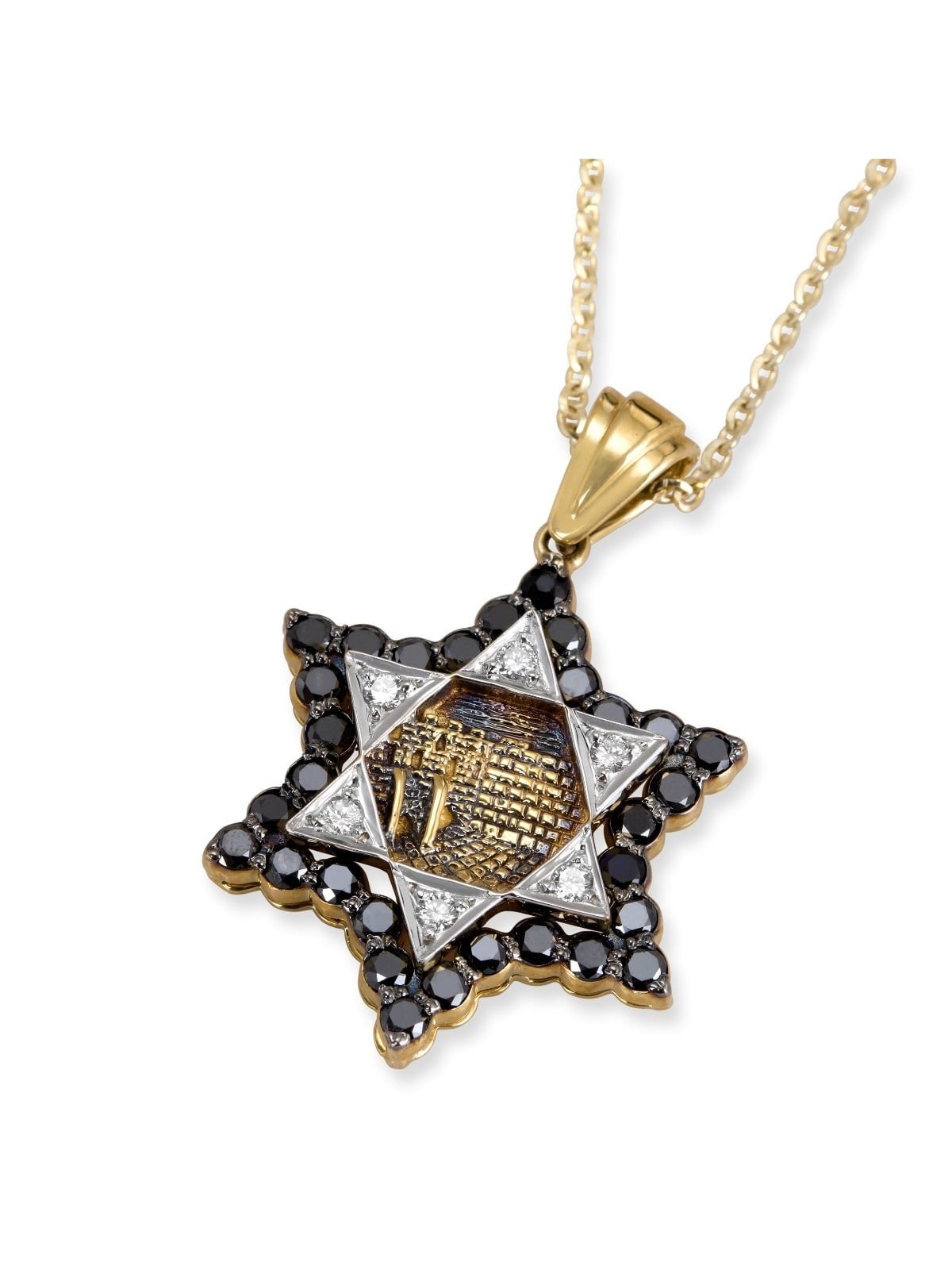 14K Gold Jerusalem Star of David Pendant With 36 Black & White Diamond