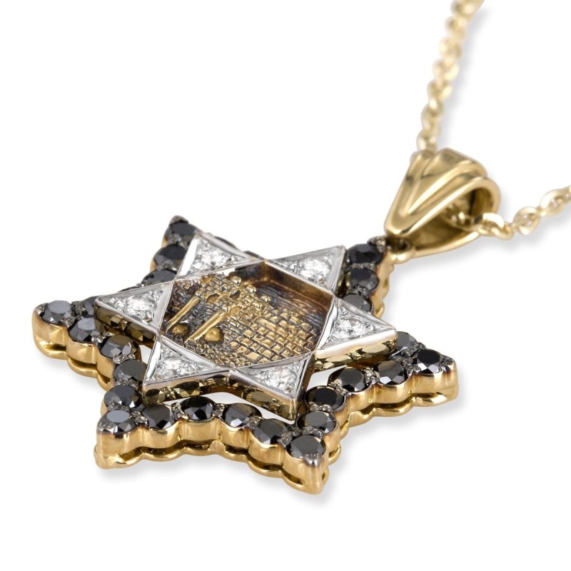 Pendentif étoile de David de Jérusalem en or 14 carats avec 36 diamants noirs et blancs