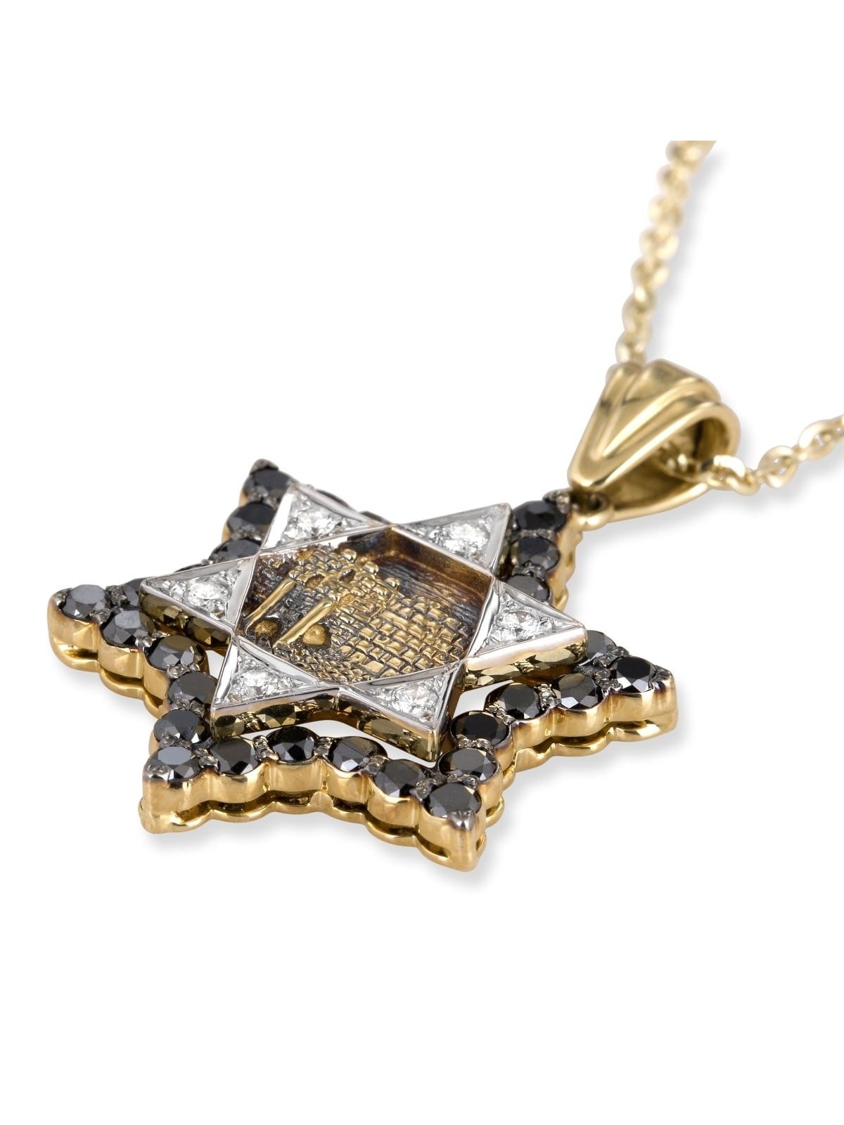 14K Gold Jerusalem Star of David Pendant With 36 Black & White Diamond