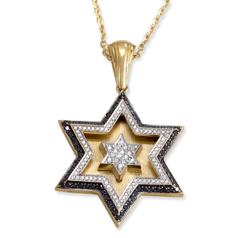 14K Gold Double Star of David Pendant With 172 Black & White Diamonds