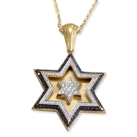 Pendentif double étoile de David en or 14 carats avec 172 diamants noirs et blancs