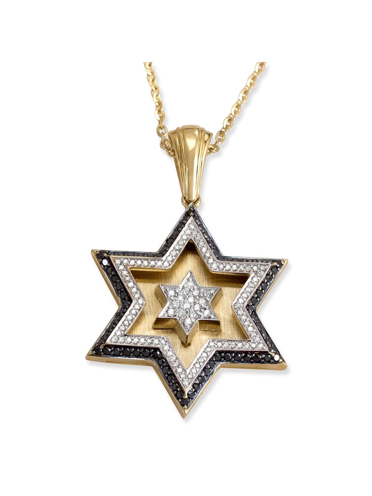 Pendentif double étoile de David en or 14 carats avec 172 diamants noirs et blancs