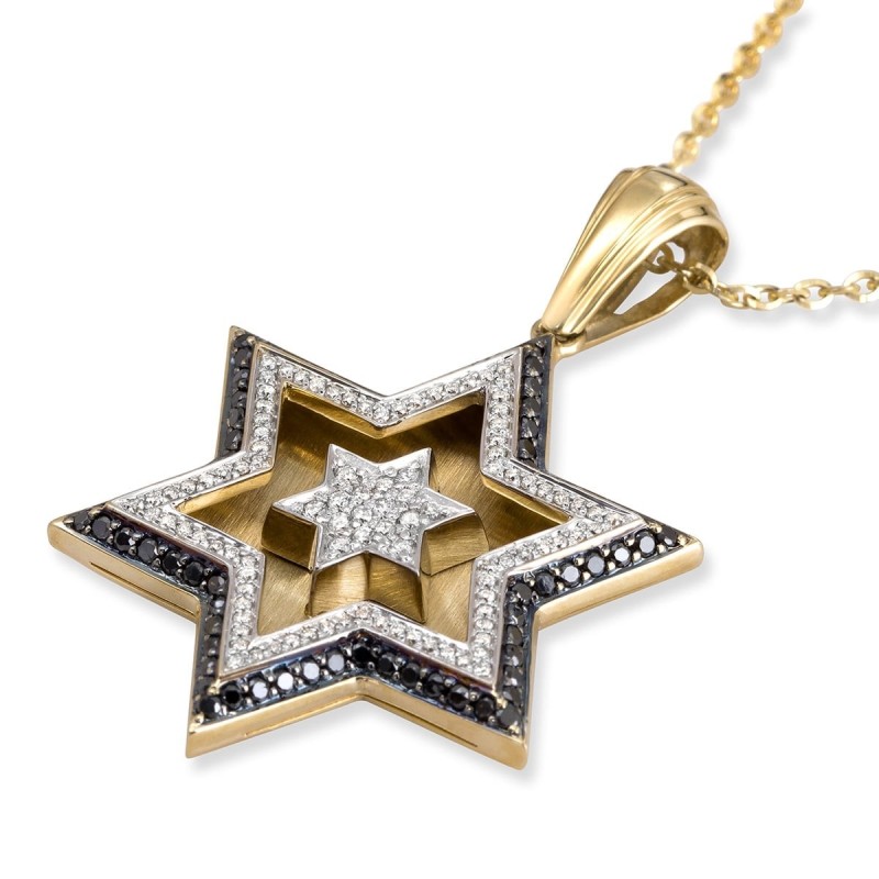 Pendentif double étoile de David en or 14 carats avec 172 diamants noirs et blancs