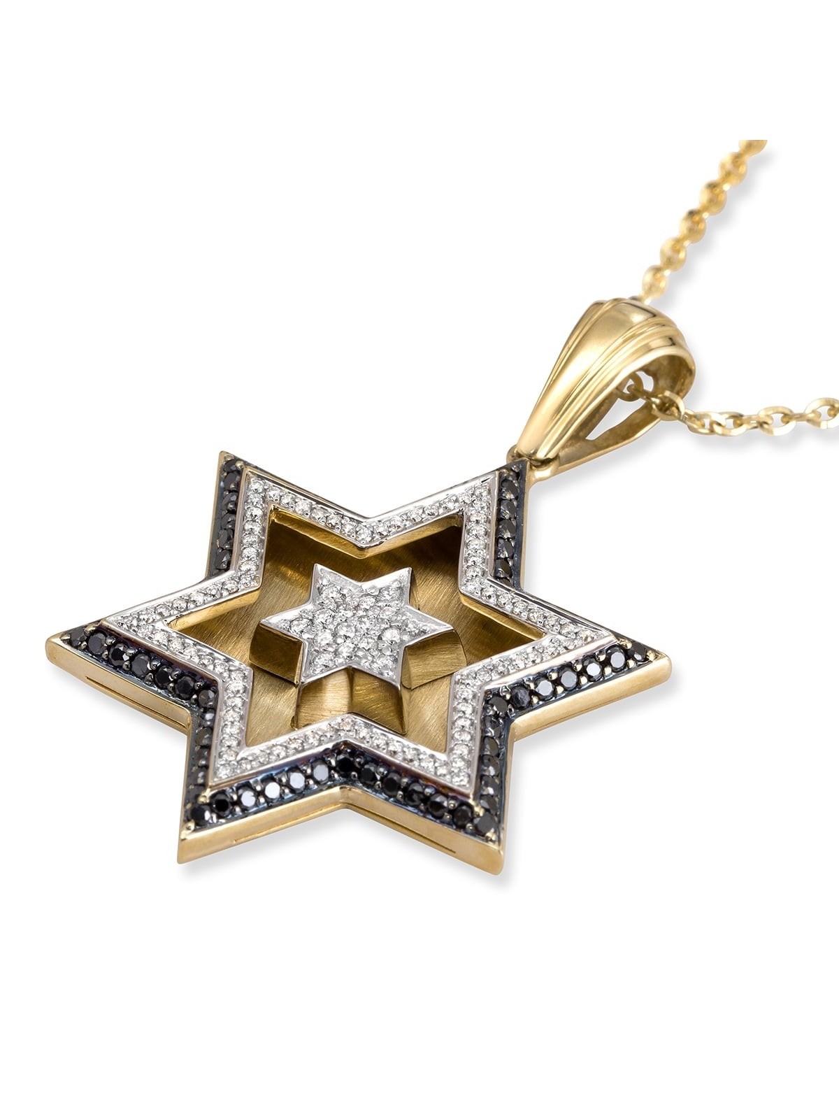 14K Gold Double Star of David Pendant With 172 Black & White Diamonds