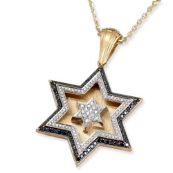14K Gold Double Star of David Pendant With 172 Black & White Diamonds