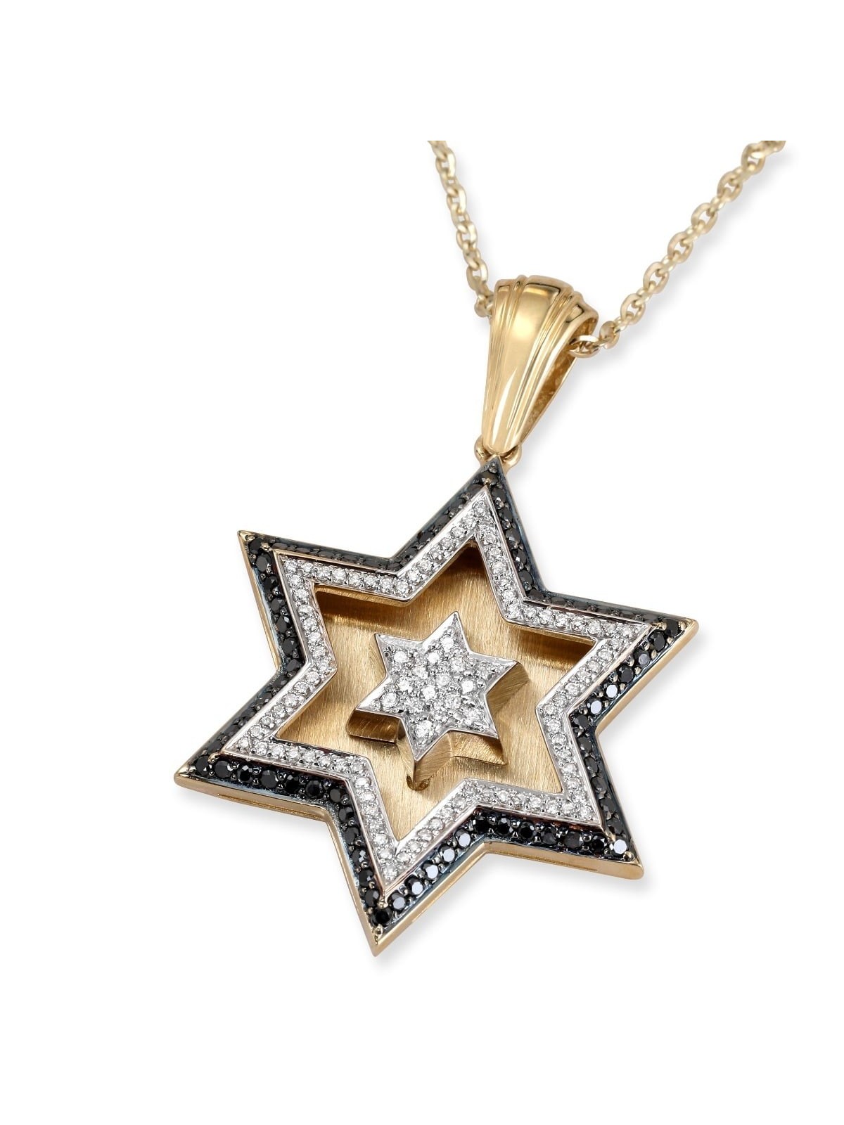 Pendentif double étoile de David en or 14 carats avec 172 diamants noirs et blancs