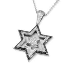 14K Gold Double Star of David Pendant With 172 Black & White Diamonds