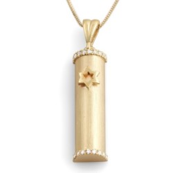 Deluxe 14K Yellow Gold Mezuzah Case Pendant with White Diamonds