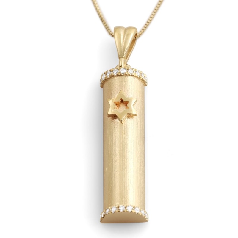 Deluxe 14K Yellow Gold Mezuzah Case Pendant with White Diamonds