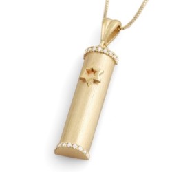 Deluxe 14K Yellow Gold Mezuzah Case Pendant with White Diamonds