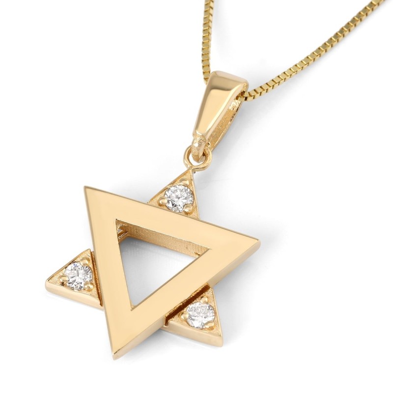 Collier moderne à pendentif étoile de David en or 14 carats avec diamants blancs - Y