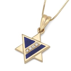 Stylish Star of David 14K Yelow Gold Pendant Necklace With White Diamo