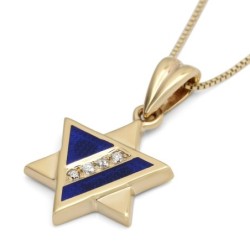 Stylish Star of David 14K Yelow Gold Pendant Necklace With White Diamo