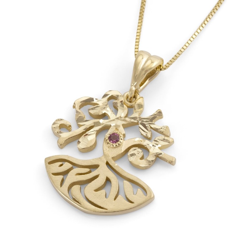 14K Gold Modern Tree of Life Pendant Necklace with Topaz Stone