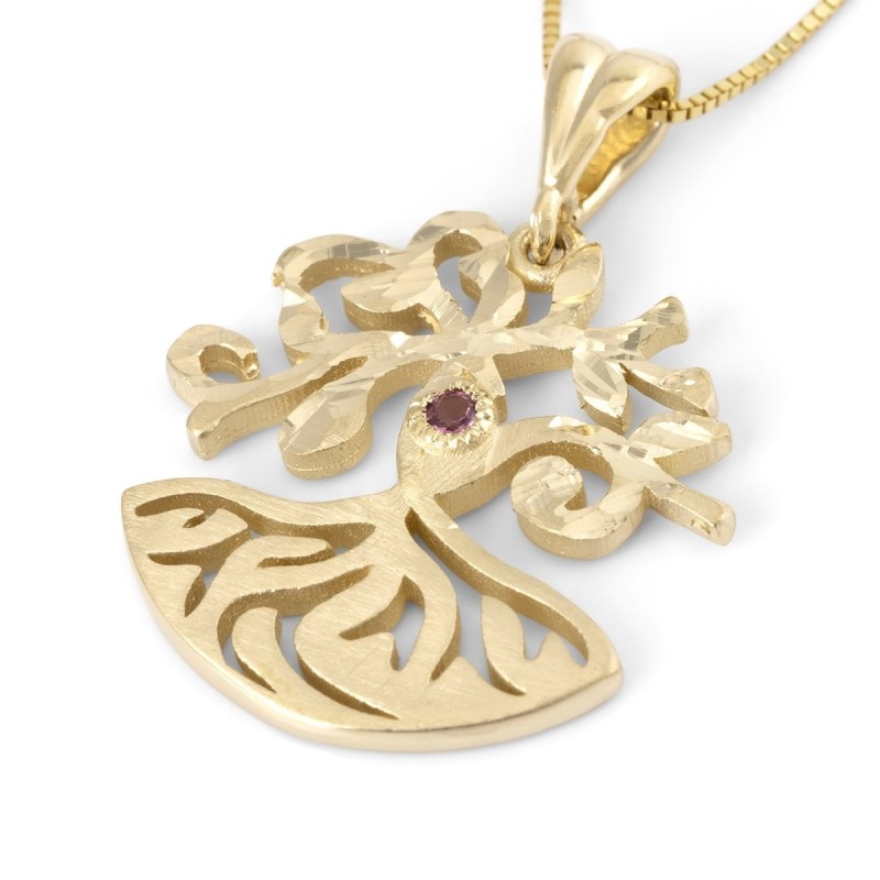 Collier pendentif arbre de vie moderne en or 14 carats avec pierre de topaze