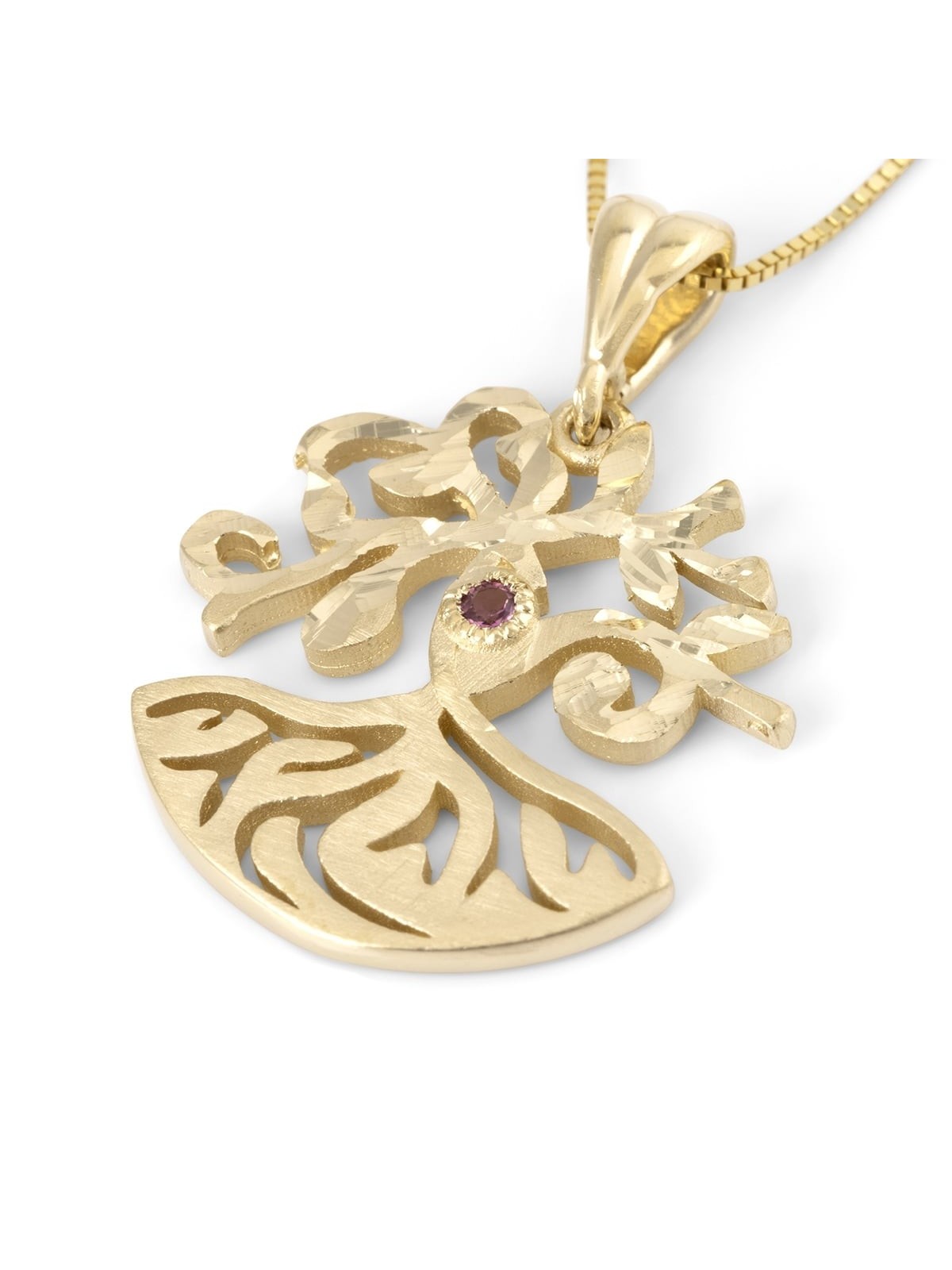 14K Gold Modern Tree of Life Pendant Necklace with Topaz Stone