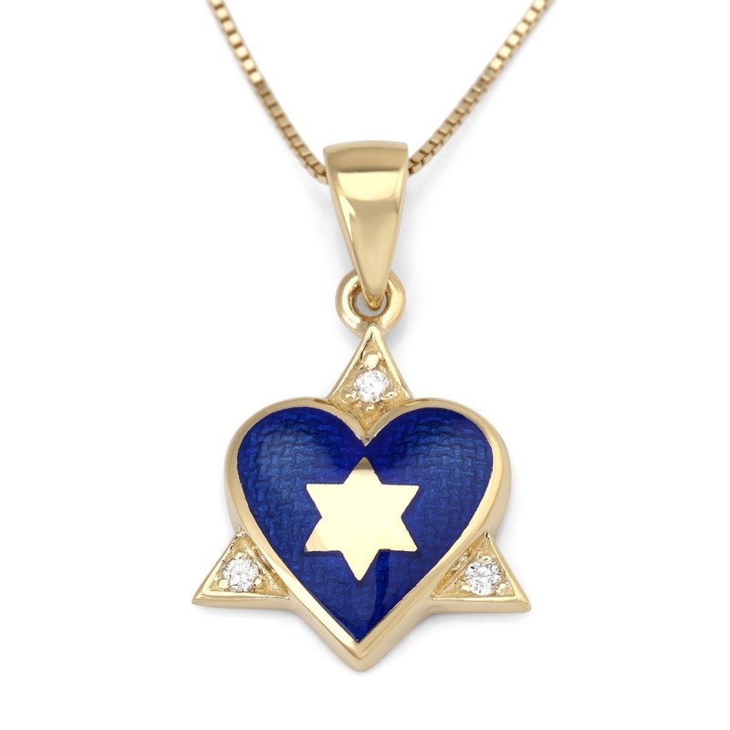 Collier pendentif étoile de David et cœur en or jaune 14 carats