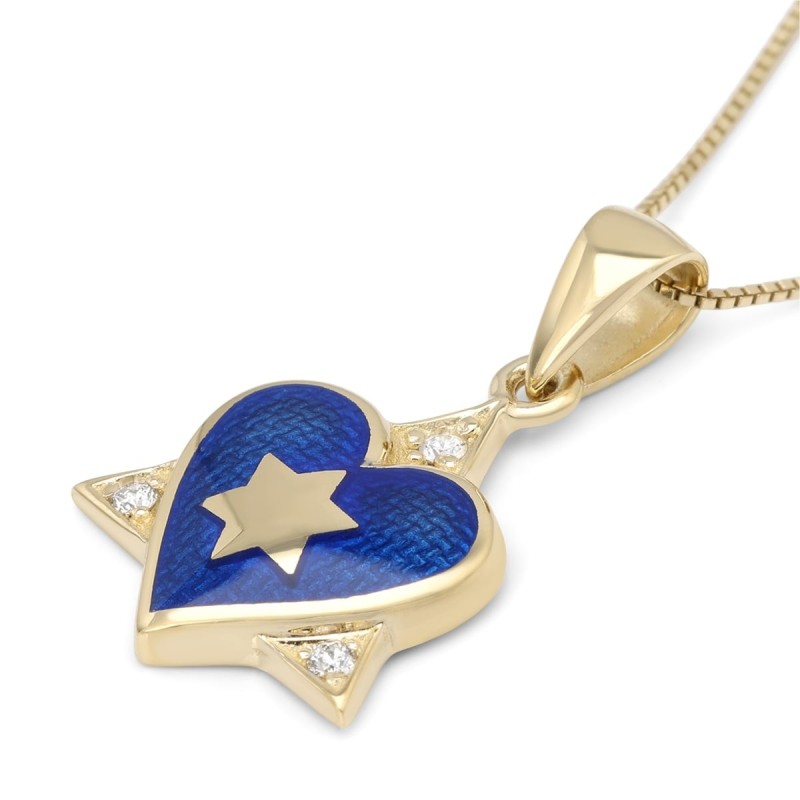 Collier pendentif étoile de David et cœur en or jaune 14 carats