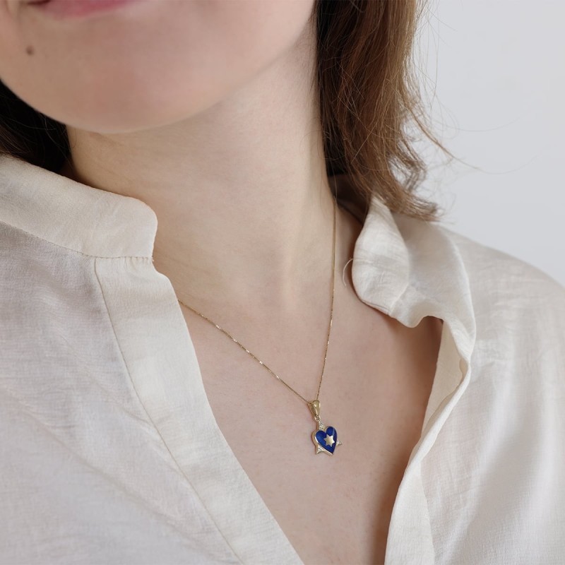 Collier pendentif étoile de David et cœur en or jaune 14 carats