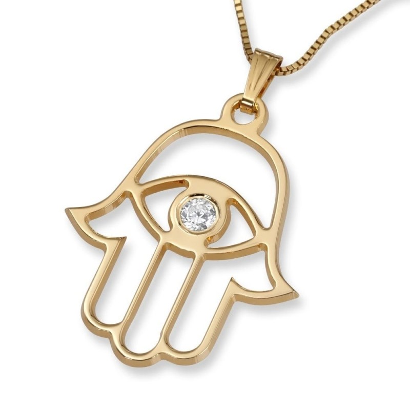 Collier pendentif Hamsa mauvais œil en or 14 carats