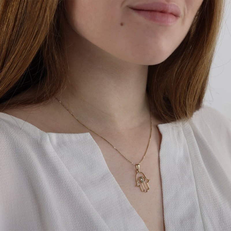 Collier pendentif Hamsa mauvais œil en or 14 carats
