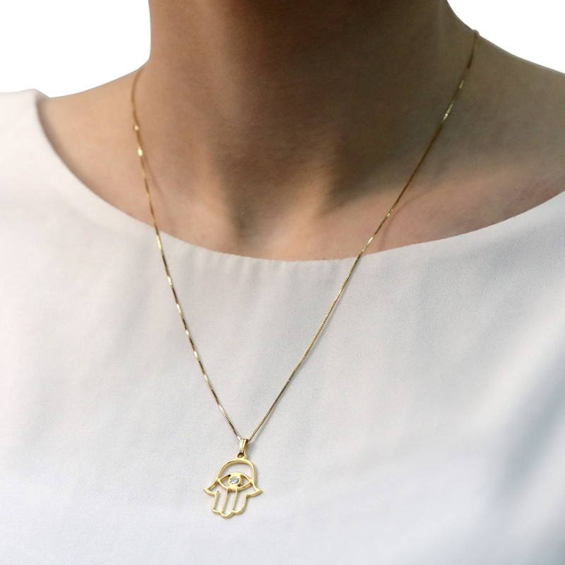 Collier pendentif Hamsa mauvais œil en or 14 carats