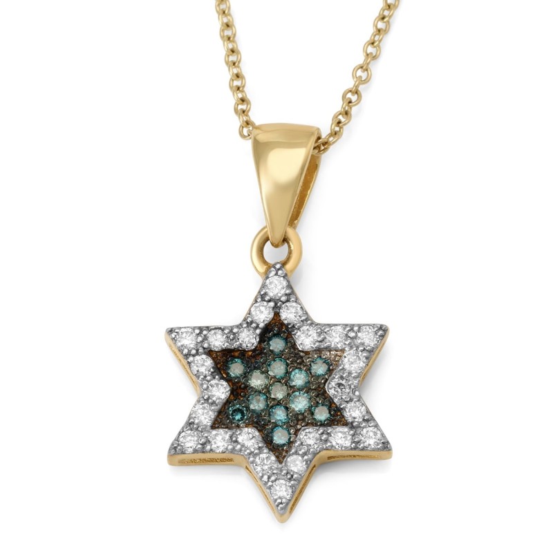 Pendentif étoile de David en or jaune 14 carats avec diamants blancs et bleus