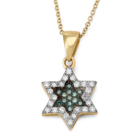 Pendentif étoile de David en or jaune 14 carats avec diamants blancs et bleus