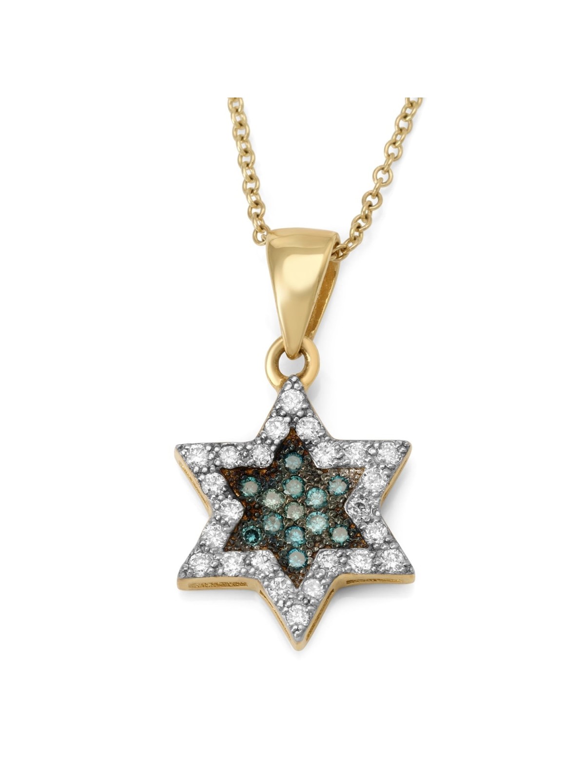 14K Yellow Gold White & Blue Diamond Star of David Pendant