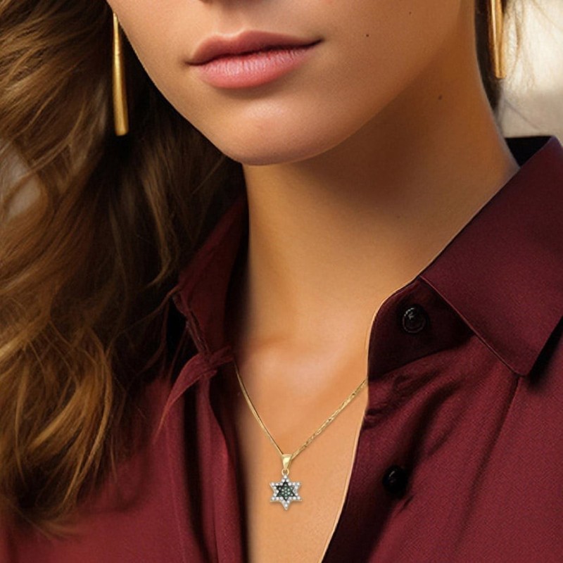 14K Yellow Gold White & Blue Diamond Star of David Pendant
