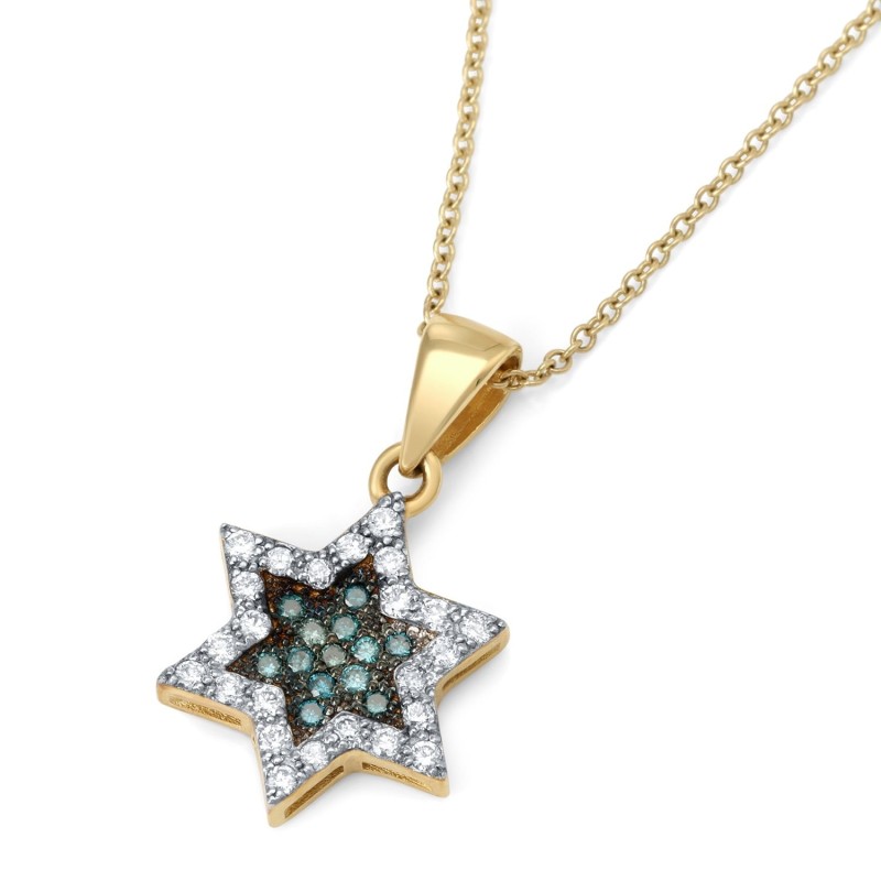Pendentif étoile de David en or jaune 14 carats avec diamants blancs et bleus