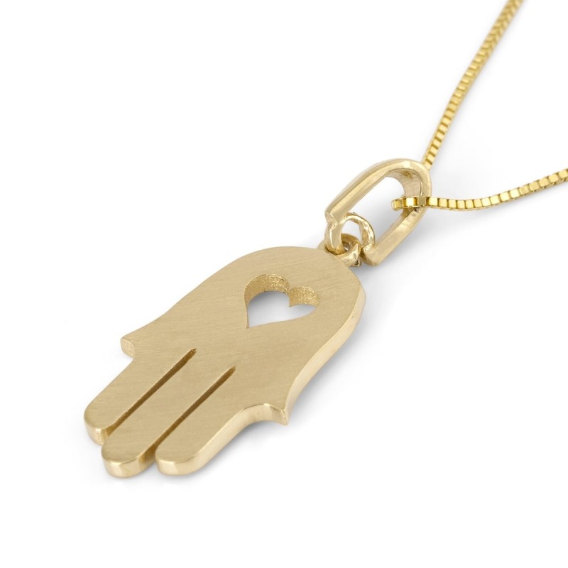 Collier pendentif Hamsa avec coeur en or 14 carats