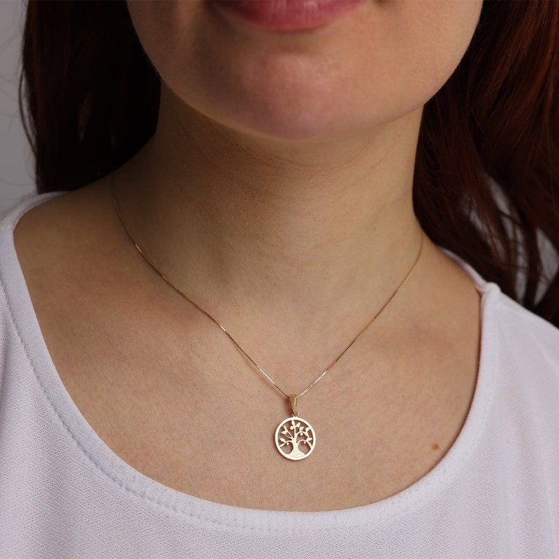 Collier élégant avec pendentif arbre de vie rond en or 14 carats (choix de couleurs)