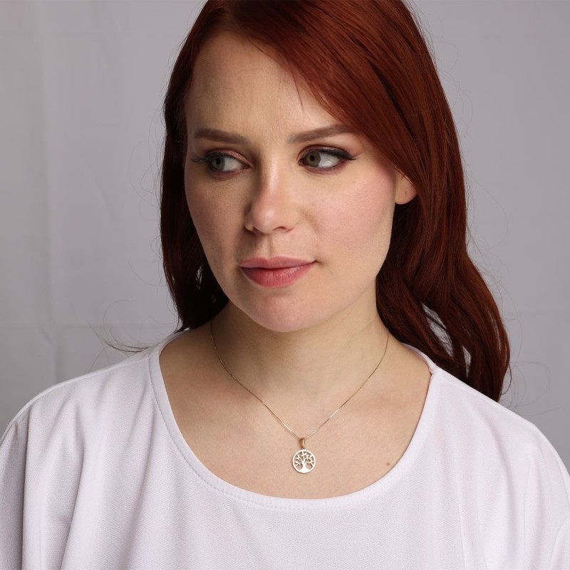 Collier élégant avec pendentif arbre de vie rond en or 14 carats (choix de couleurs)