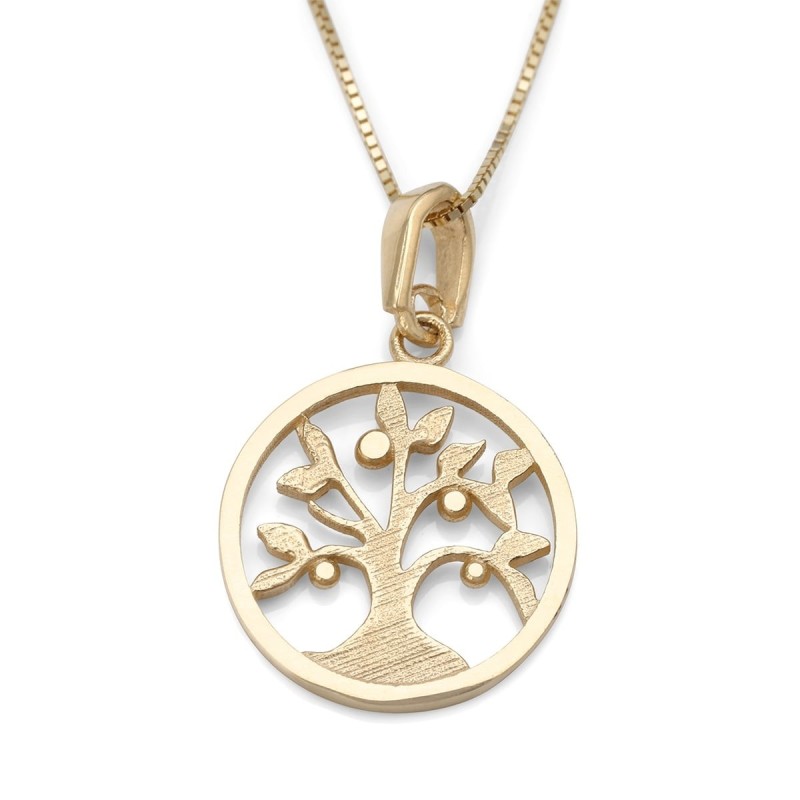 Collier élégant avec pendentif arbre de vie rond en or 14 carats (choix de couleurs)