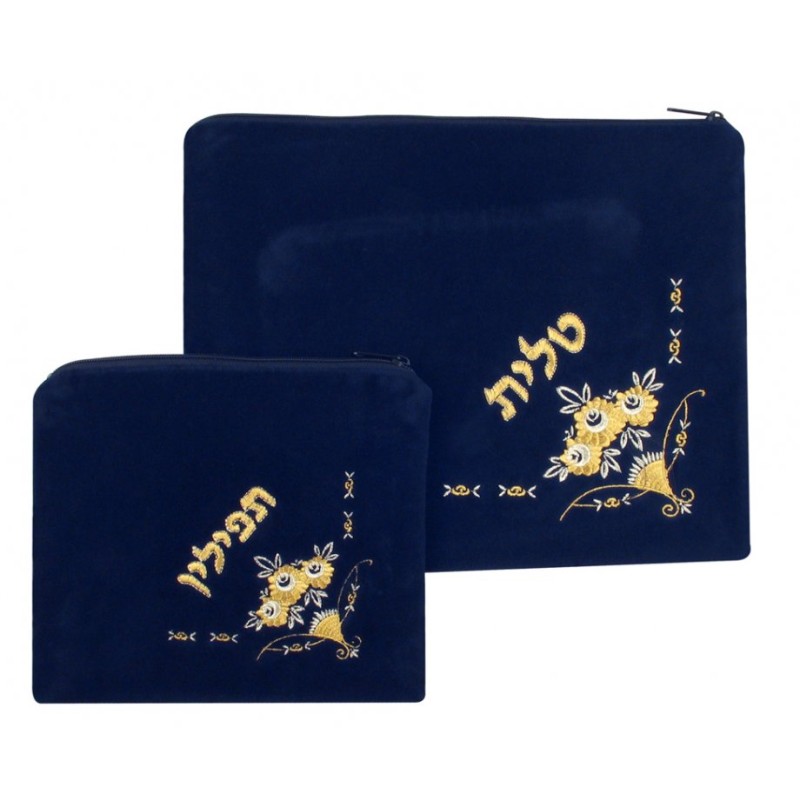 Dark Blue Velvet Tallit Tefillin Bags Flowe... | Talit & Tefillin Bags