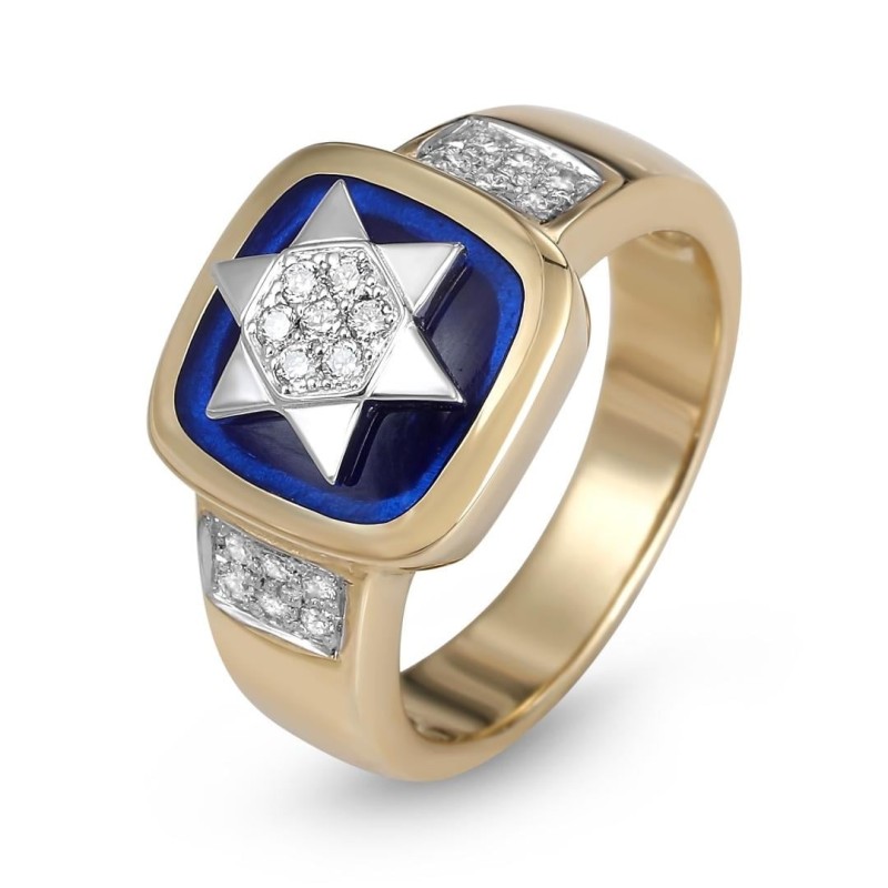 Bague pavée étoile de David en or jaune et blanc 14 carats avec émail bleu et 1