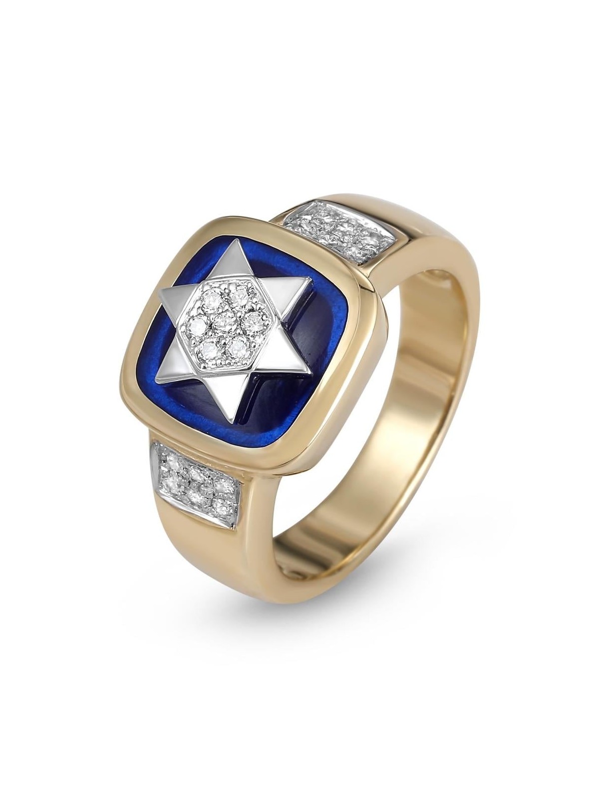 14K Yellow & White Gold Star of David Pavé Ring with Blue Enamel and 1