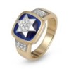 14K Yellow & White Gold Star of David Pavé Ring with Blue Enamel and 1