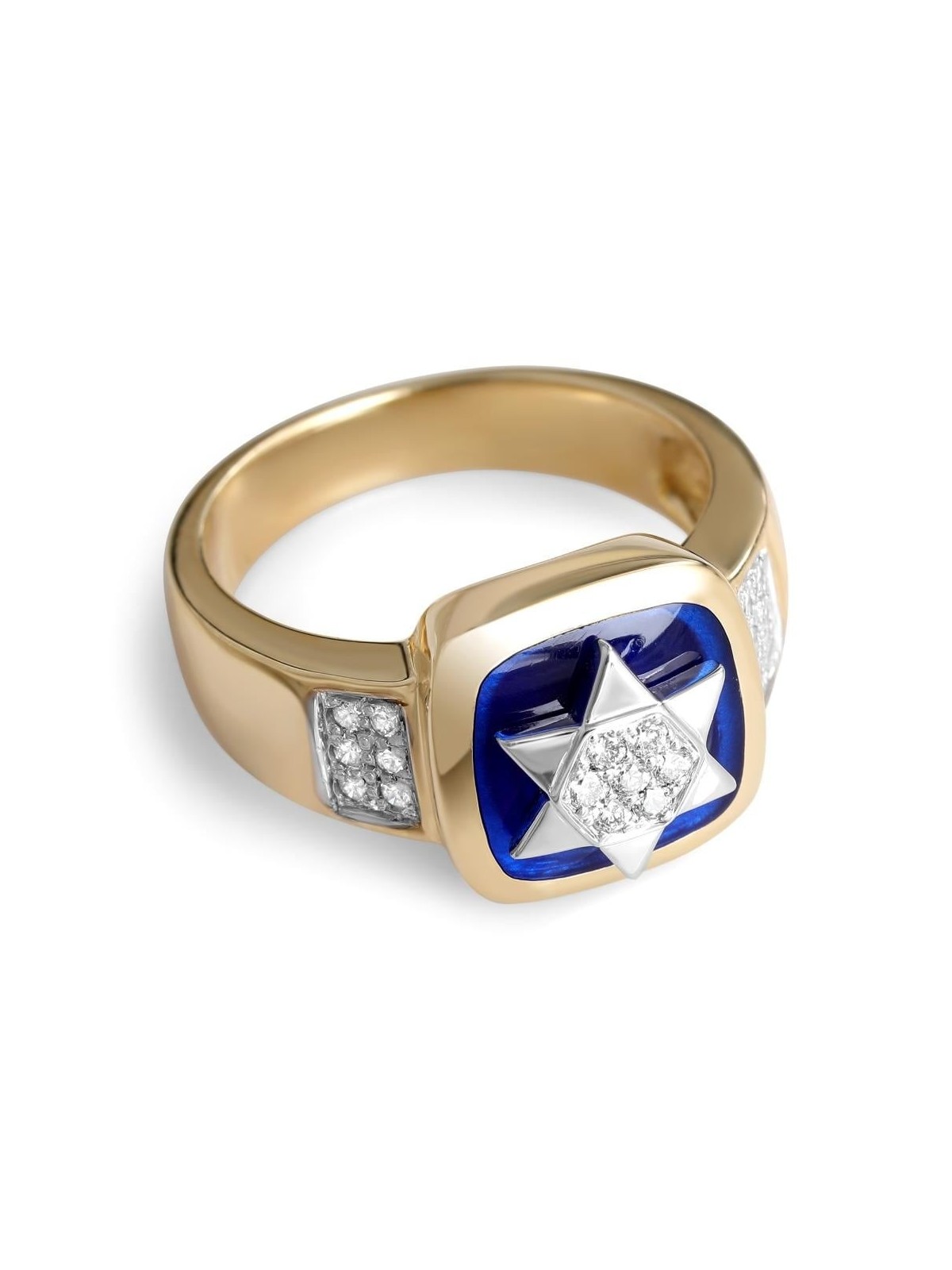 14K Yellow & White Gold Star of David Pavé Ring with Blue Enamel and 1