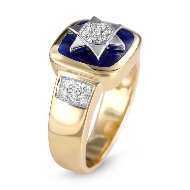 Bague pavée étoile de David en or jaune et blanc 14 carats avec émail bleu et 1