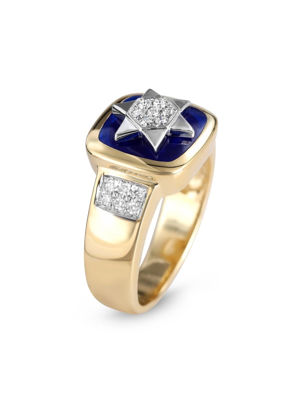 Bague pavée étoile de David en or jaune et blanc 14 carats avec émail bleu et 1