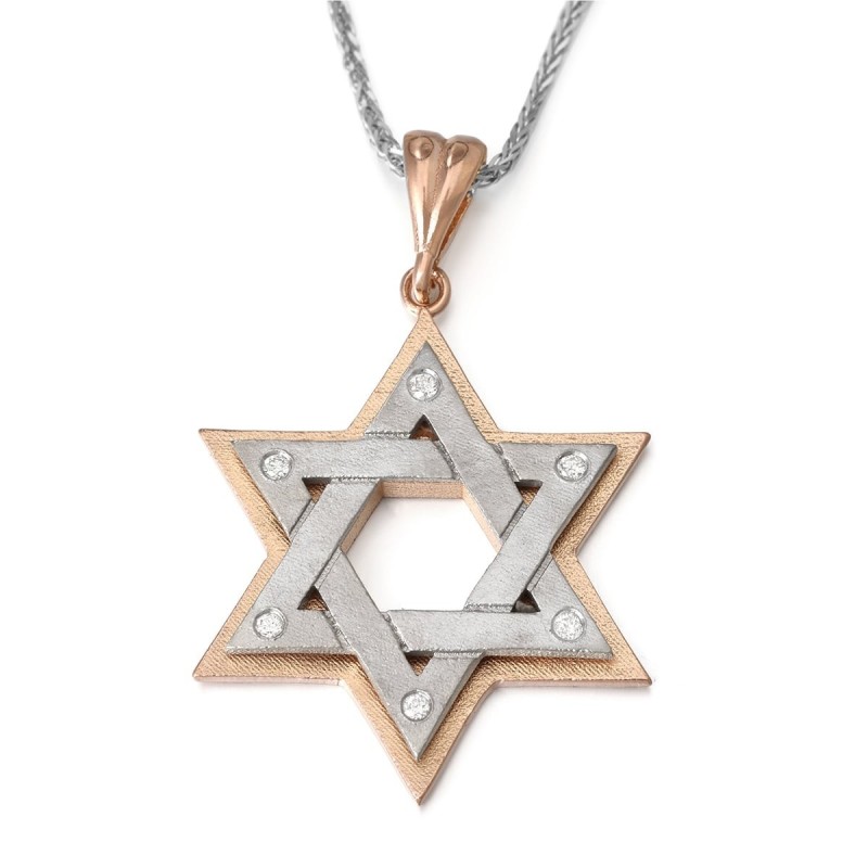 Collier à pendentif double étoile de David en or rose 14 carats bicolore avec Whi
