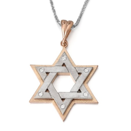 Collier à pendentif double étoile de David en or rose 14 carats bicolore avec Whi